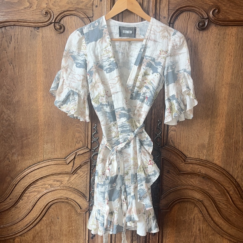 Reformation Pastel Floral Wrap Mini Dress in Cream, Light Blue and Pale Yellow - Picture 7 of 16